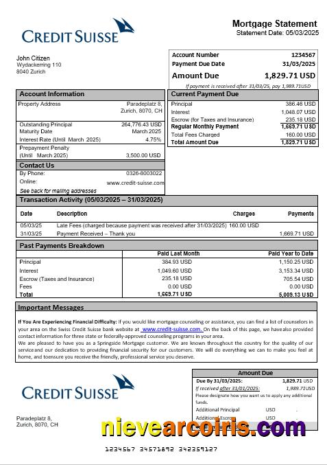 Swiss Credit Suisse bank mortgage statement